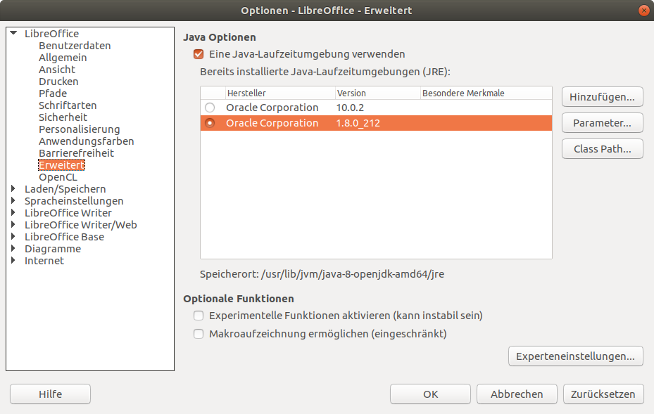 Einstellungen für Java